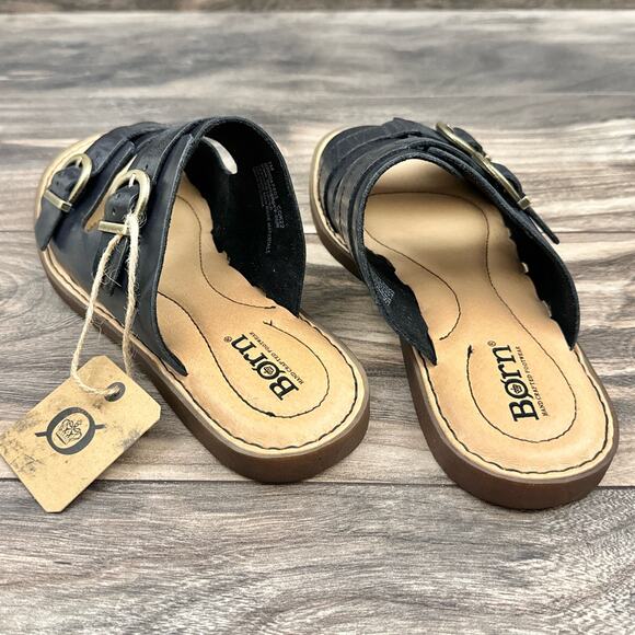 NIB Born Henna 7M Comfort Black Leather Slide Sandals - Picture 5 of 11